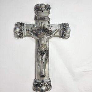 Vintage Cast Metal Crucifix Religious Decor Cross Wall Hanging Jesus 9 1/4" x 6"